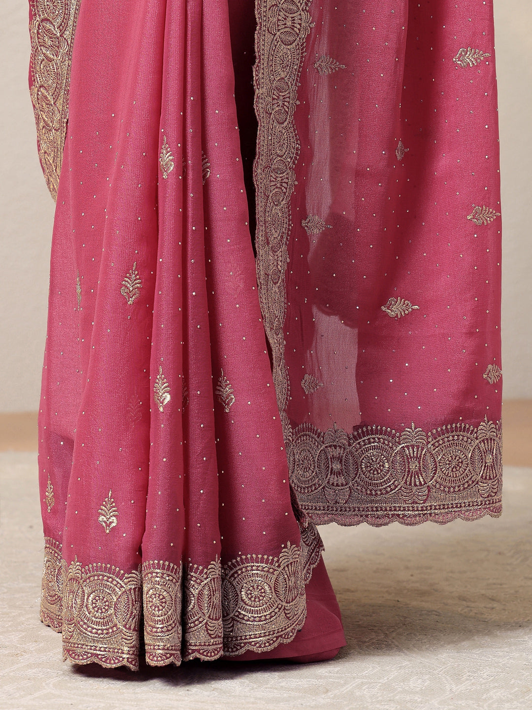 Peach Pink Tissue Saree With Embellished Border