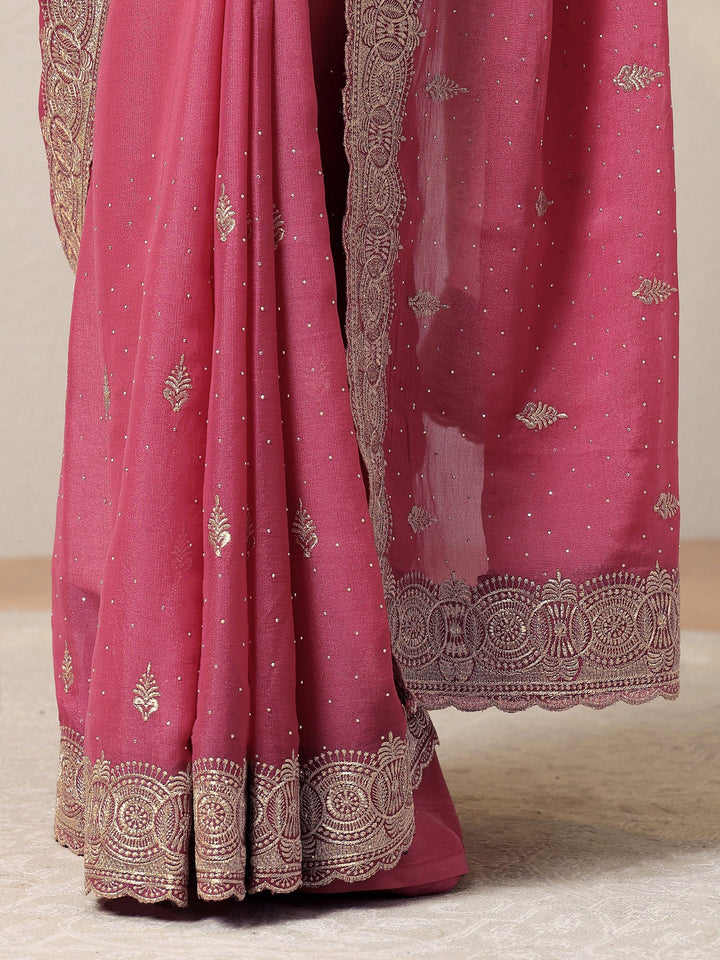 Peach Pink Tissue Saree With Embellished Border