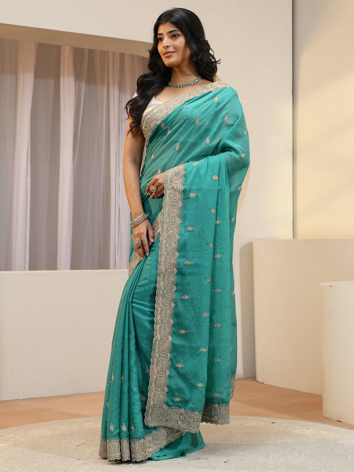 Sea Green Tissue Saree With Embellished Border