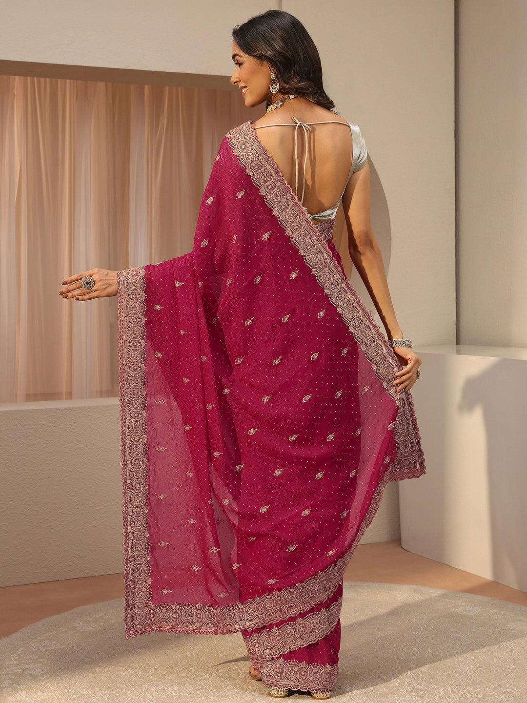 Pink Ethnic Motif Embroidered Tissue Saree