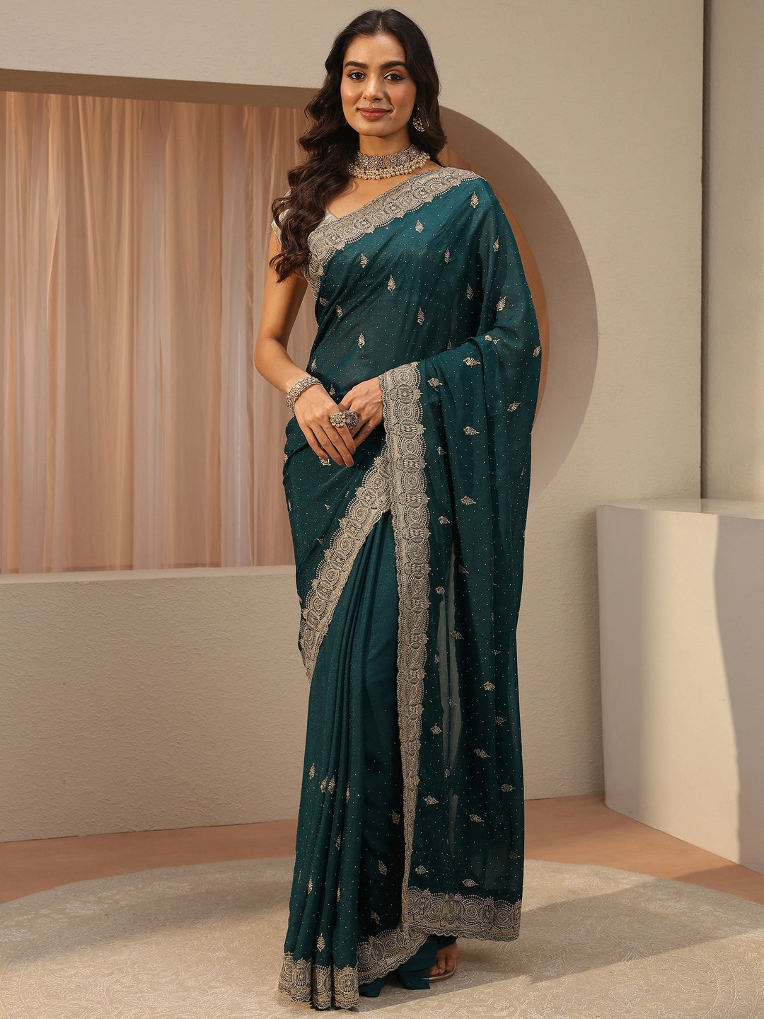 Teal Ethnic Embroidered Tissue Saree