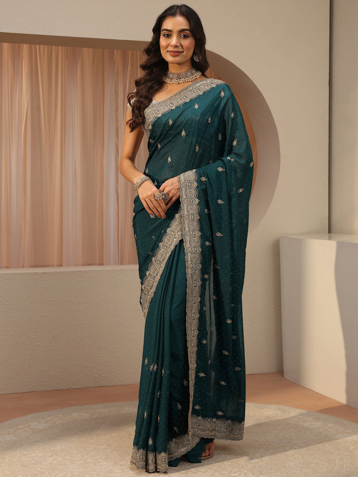 Teal Ethnic Embroidered Tissue Saree