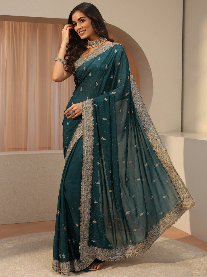 Teal Ethnic Embroidered Tissue Saree