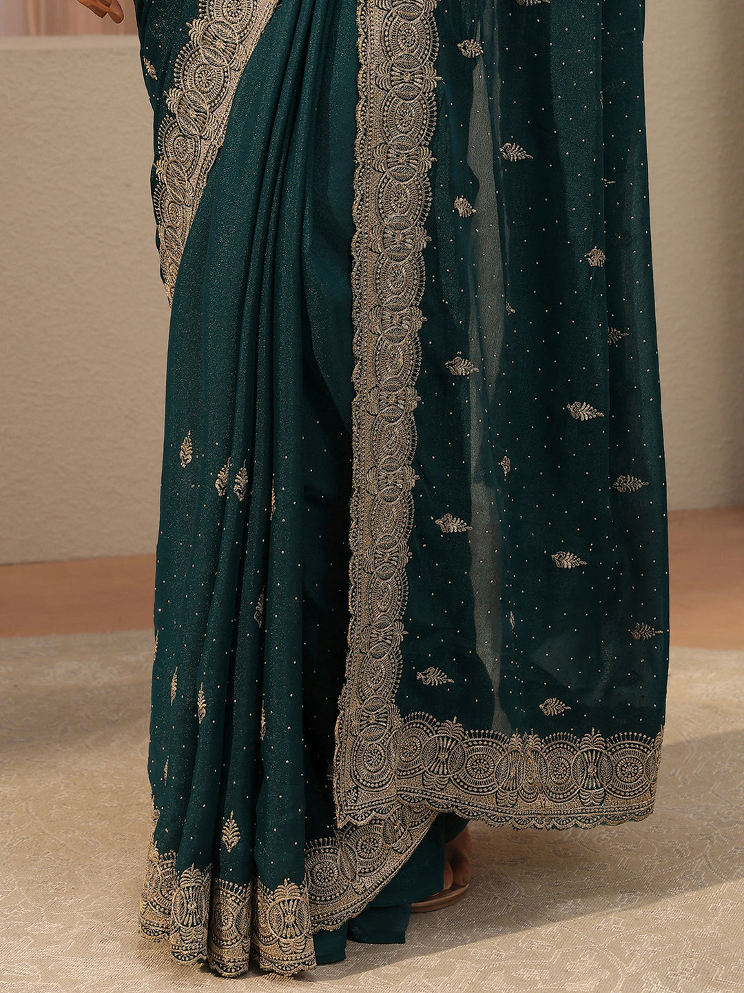 Teal Ethnic Embroidered Tissue Saree