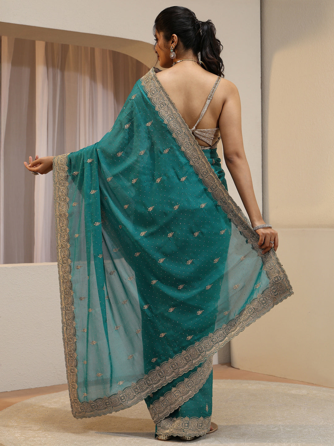 Sea Green Tissue Saree With Embellished Border