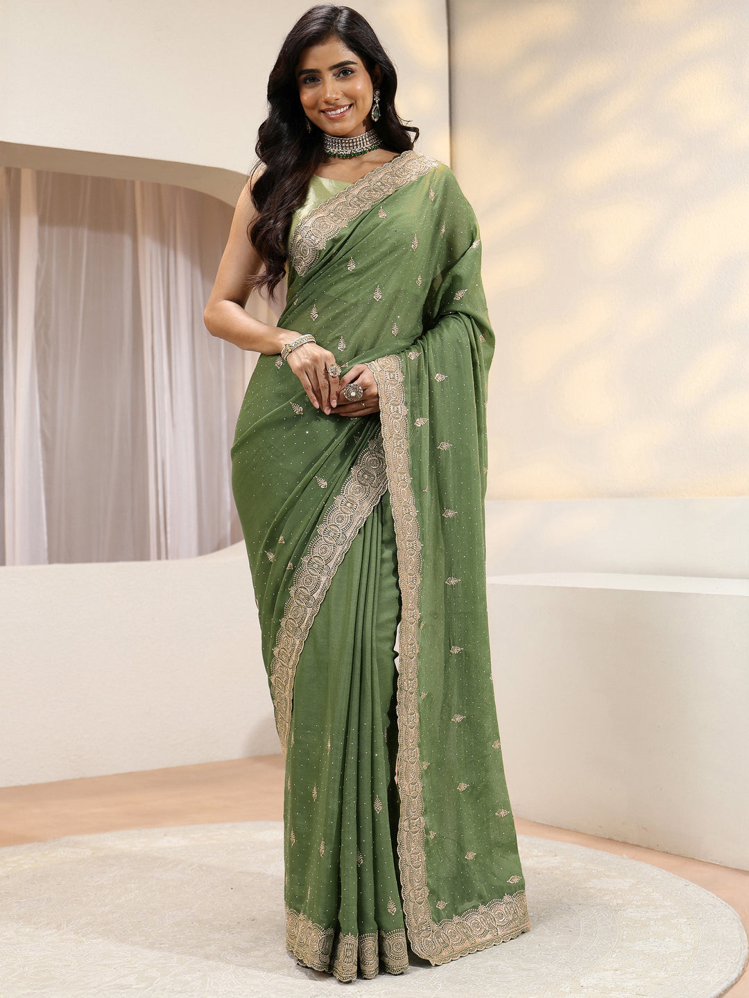 Sage Green Tissue Saree With Embellished Border