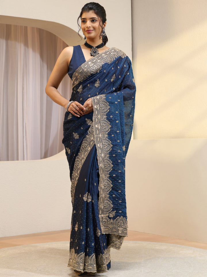 Peacock Blue Tissue Saree With Embellished Border