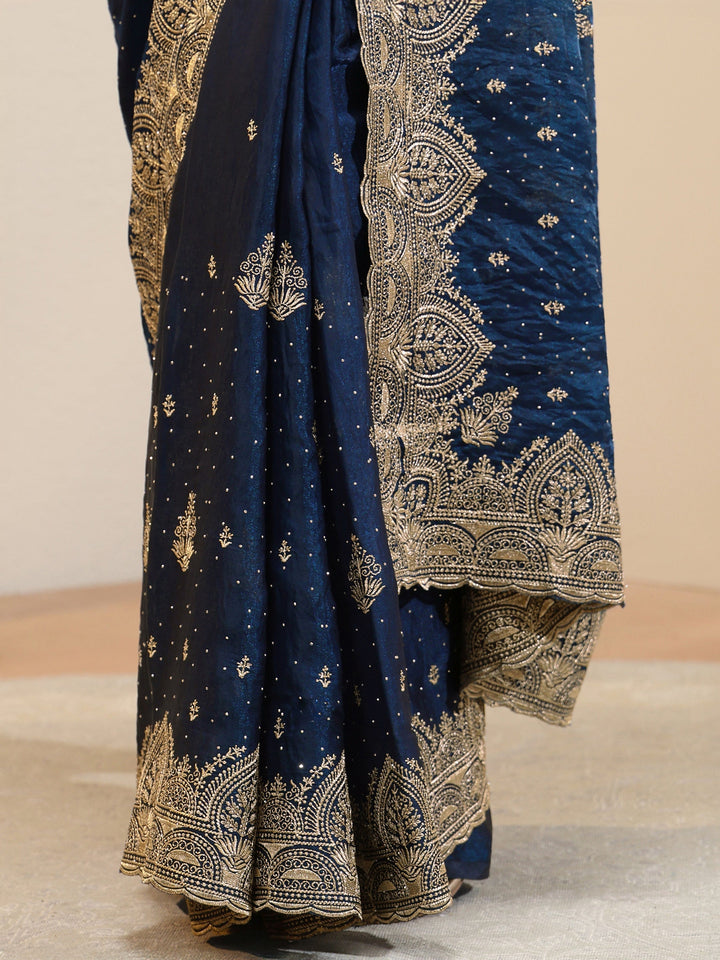Peacock Blue Tissue Saree With Embellished Border