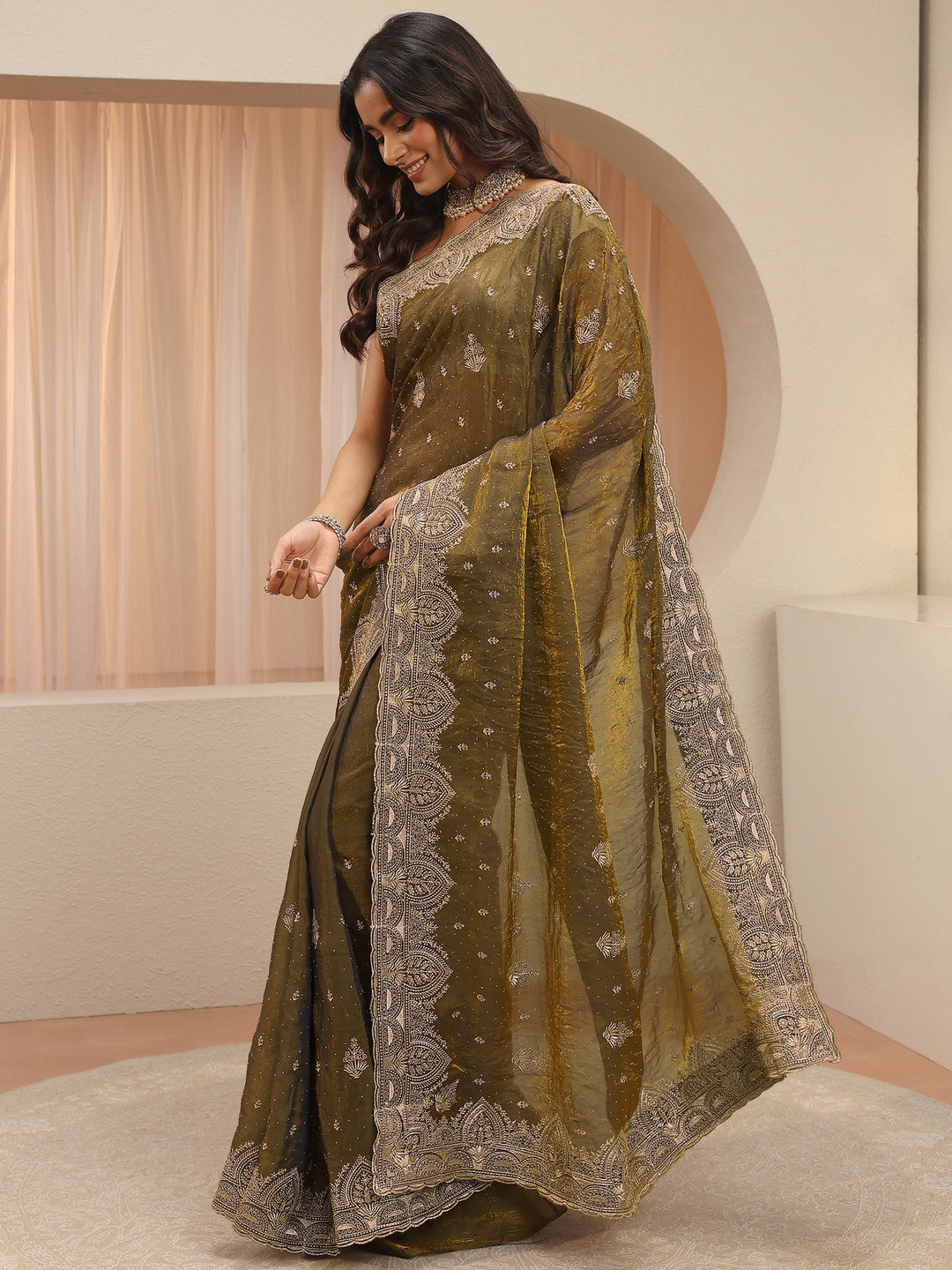 Bronze Olive Green Ethnic Embroidered Tissue Saree