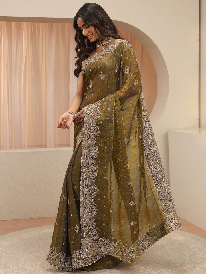 Bronze Olive Green Ethnic Embroidered Tissue Saree