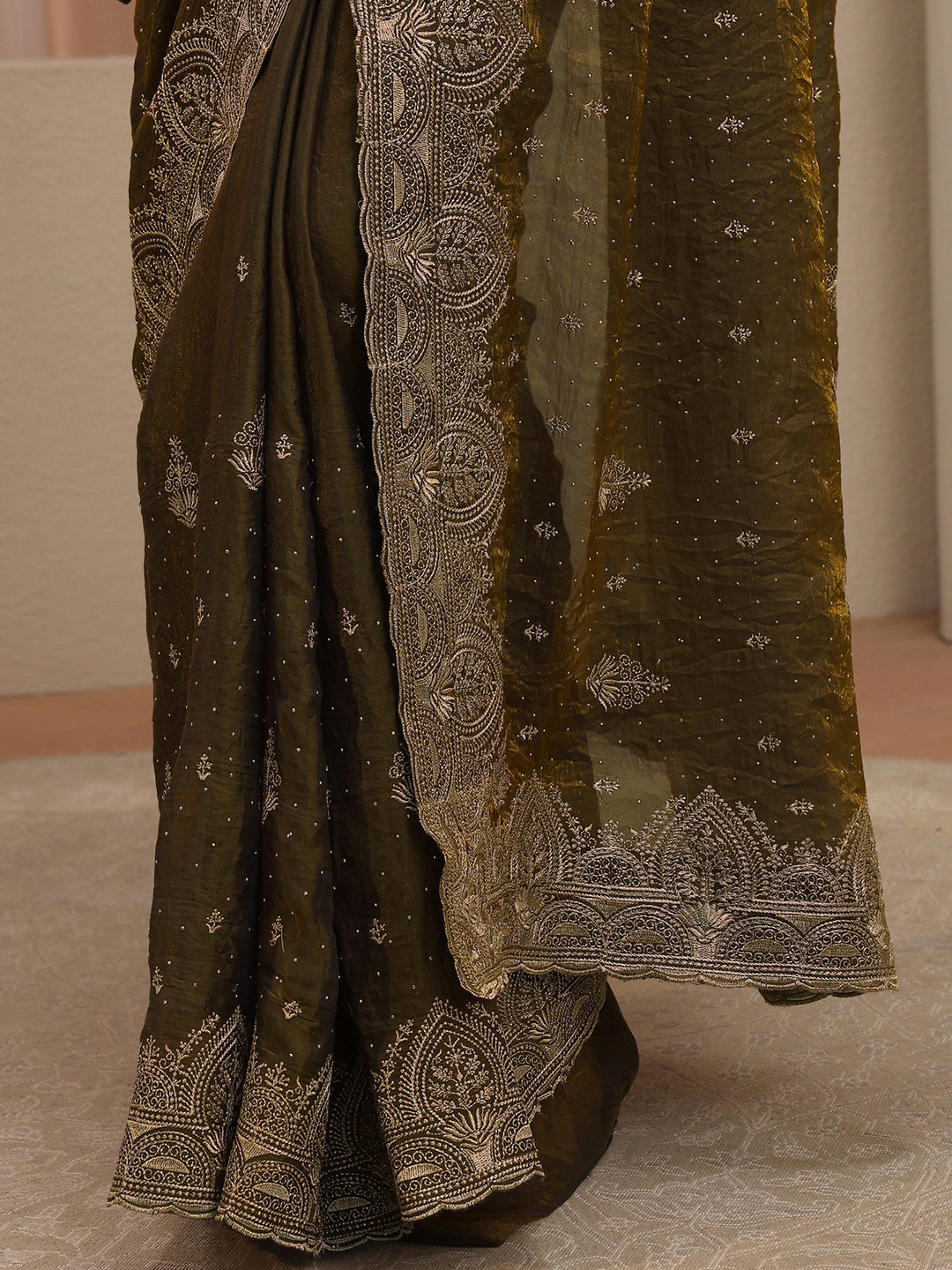 Bronze Olive Green Ethnic Embroidered Tissue Saree