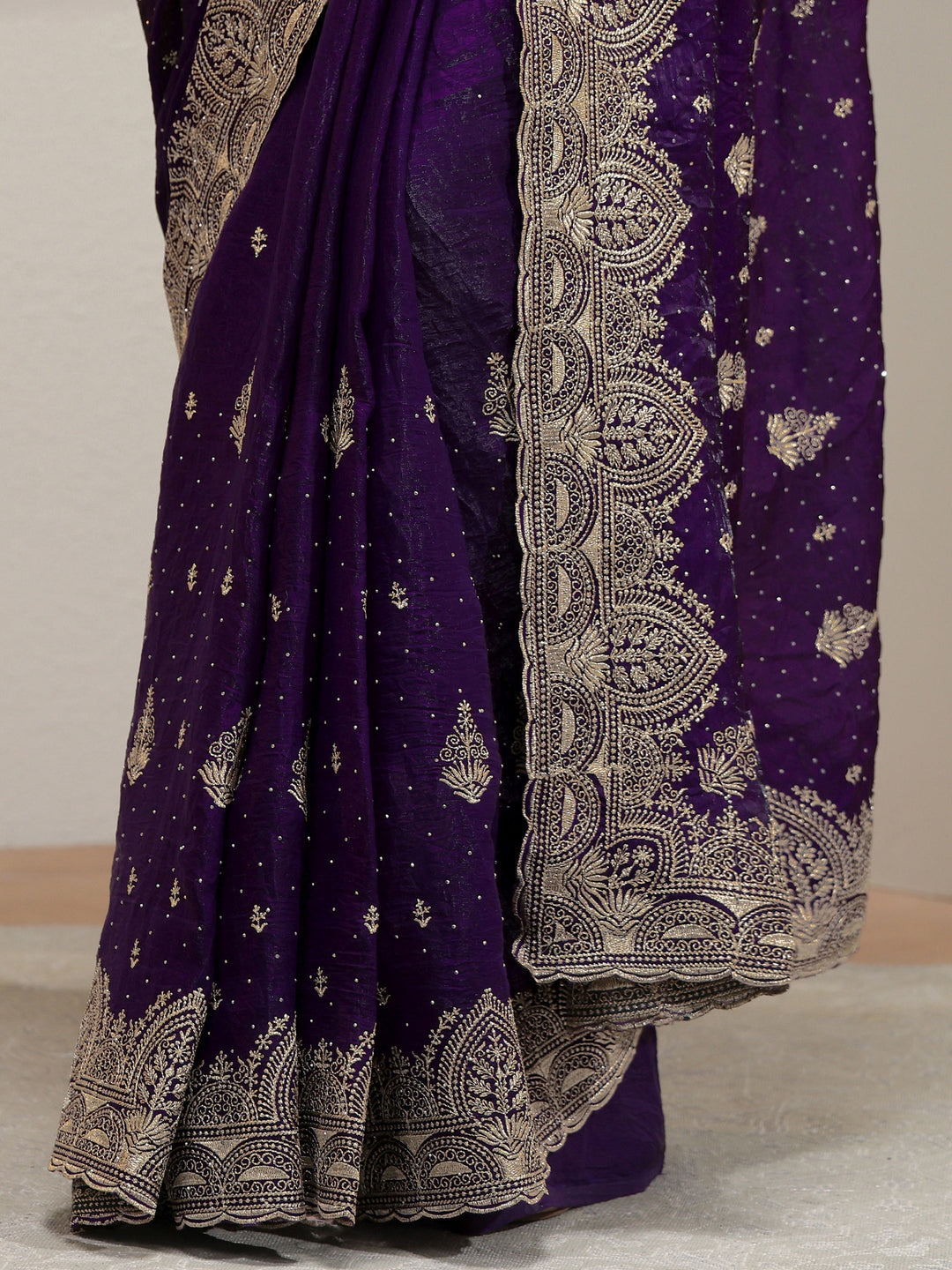 Aubergine Tissue Saree With Embellished Border