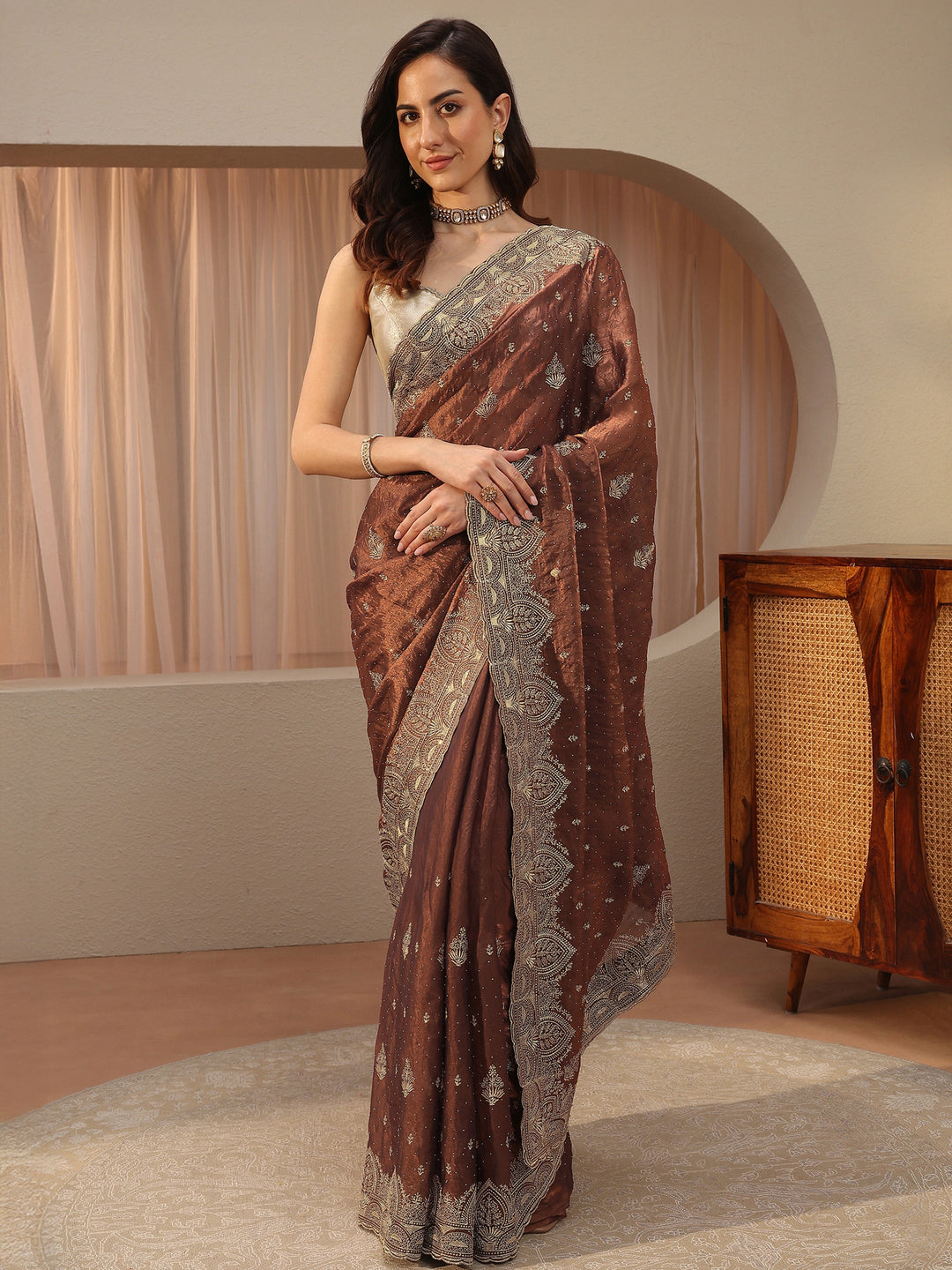 Brown Ethnic Embroidered Tissue Saree