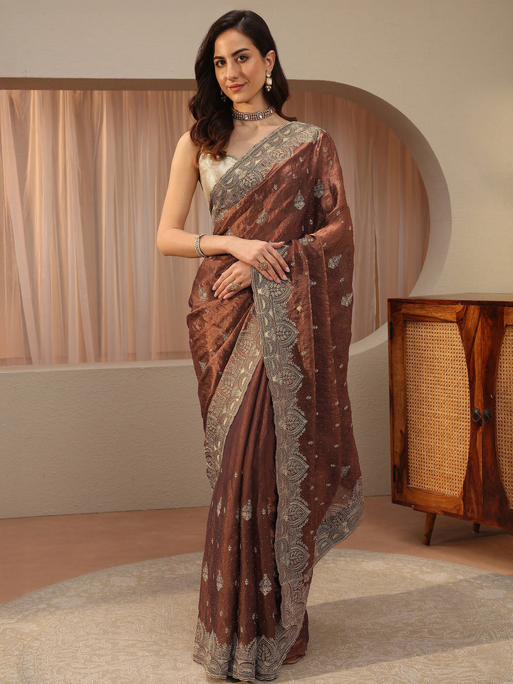Brown Ethnic Embroidered Tissue Saree