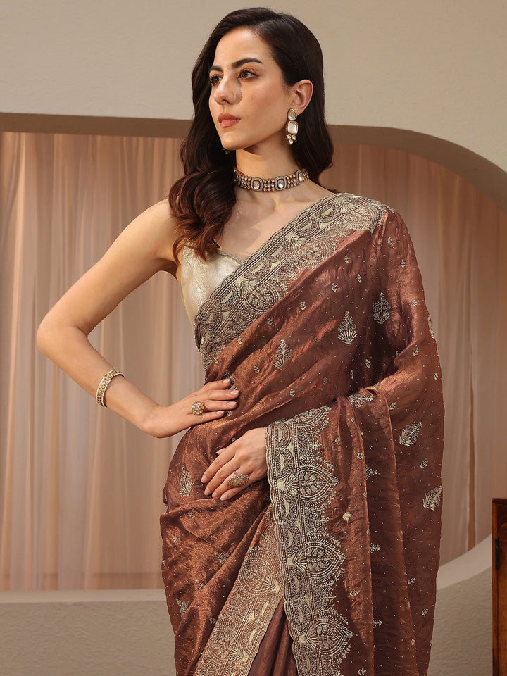 Brown Ethnic Embroidered Tissue Saree