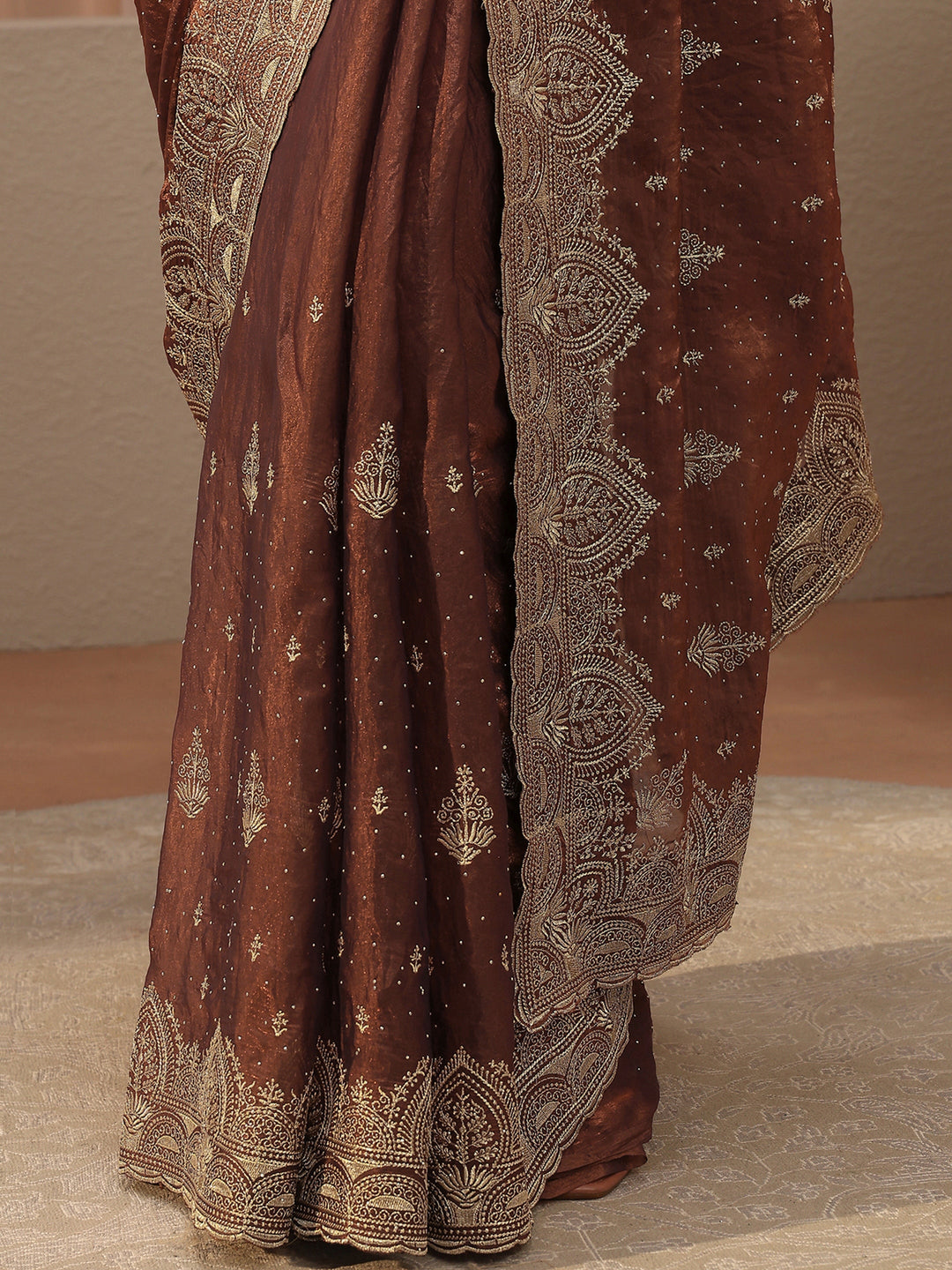 Brown Ethnic Embroidered Tissue Saree