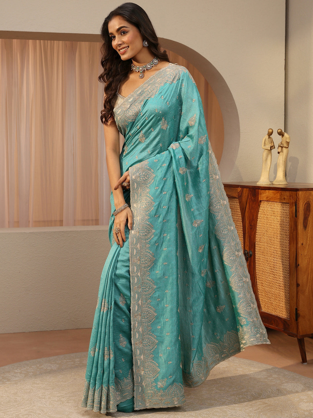 Blue Ethnic Motif Embroidered Silk Blend Saree