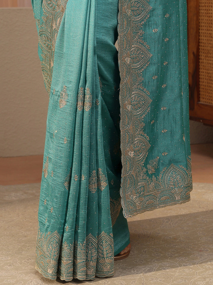 Blue Ethnic Motif Embroidered Silk Blend Saree