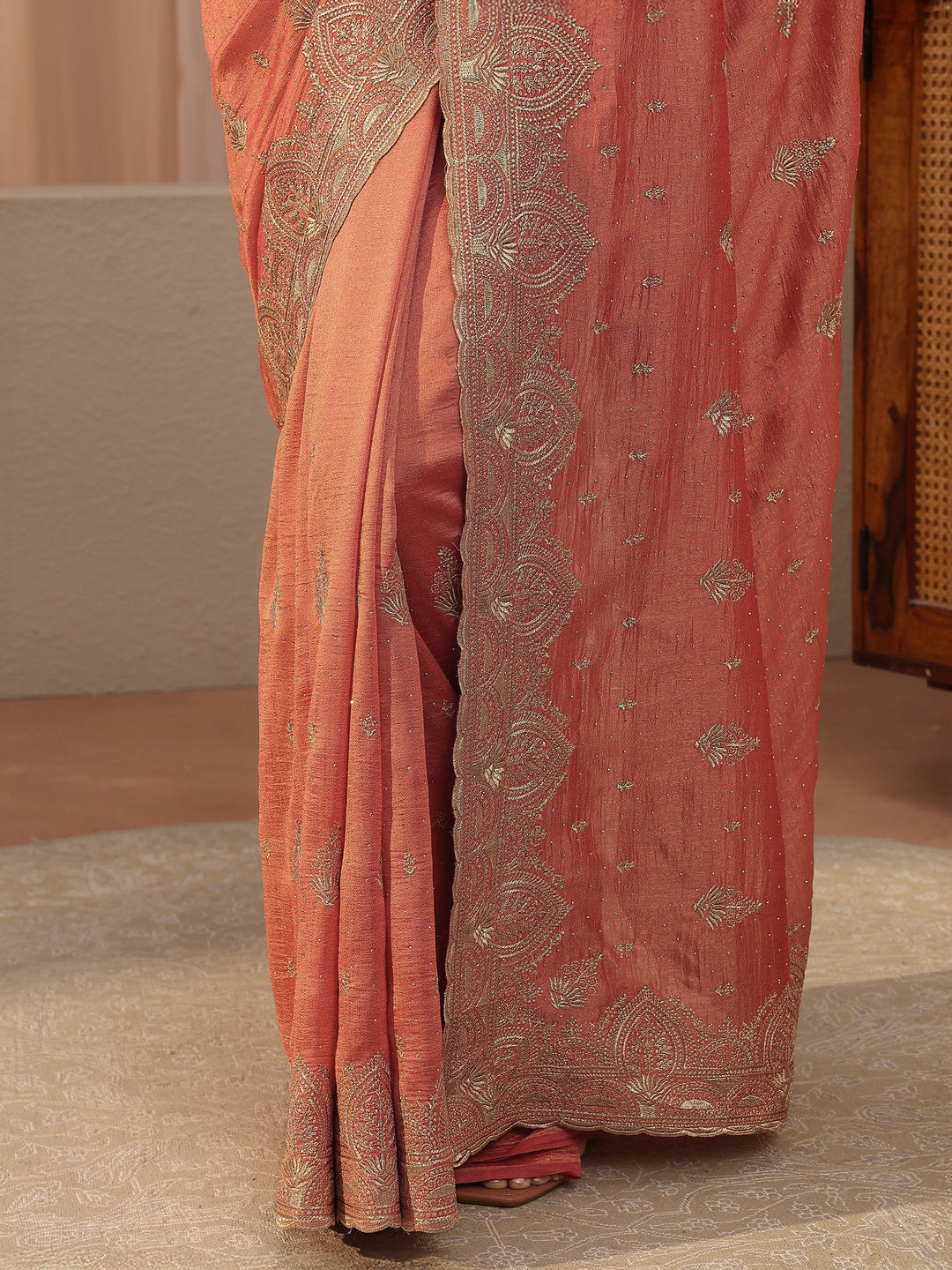 Peach Ethnic Embroidered Silk Blend Saree