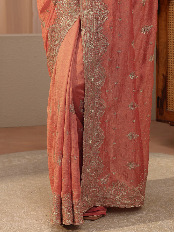 Peach Ethnic Embroidered Silk Blend Saree