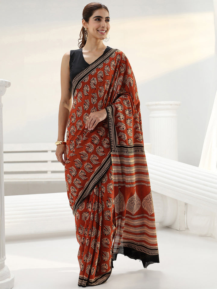 Rust Bagru Printed Cotton Saree