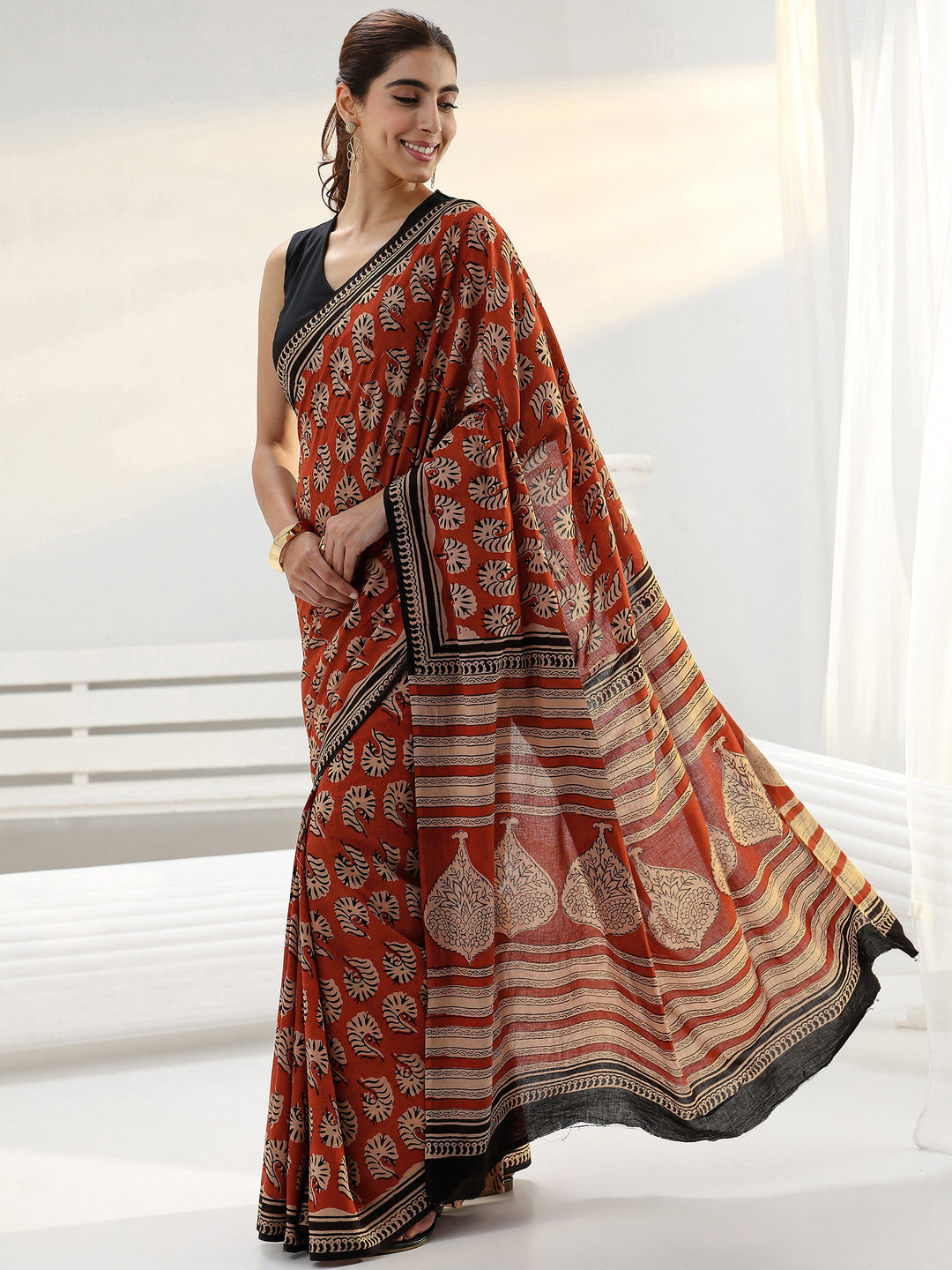 Rust Bagru Printed Cotton Saree