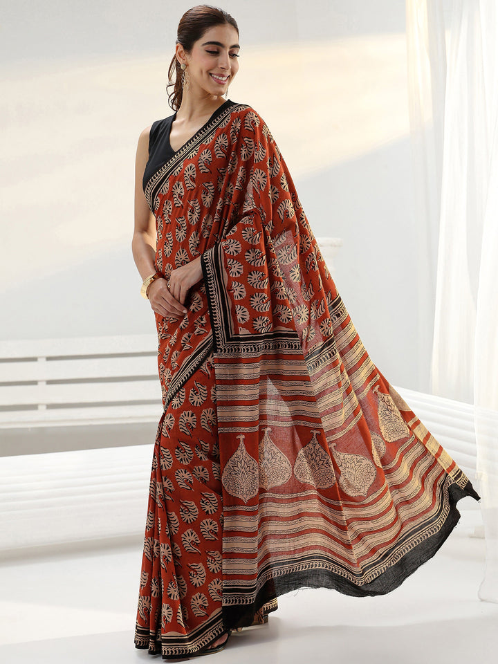 Rust Bagru Printed Cotton Saree