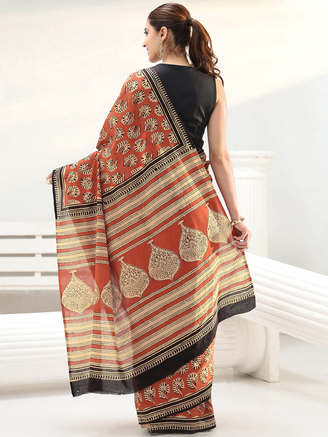 Rust Bagru Printed Cotton Saree