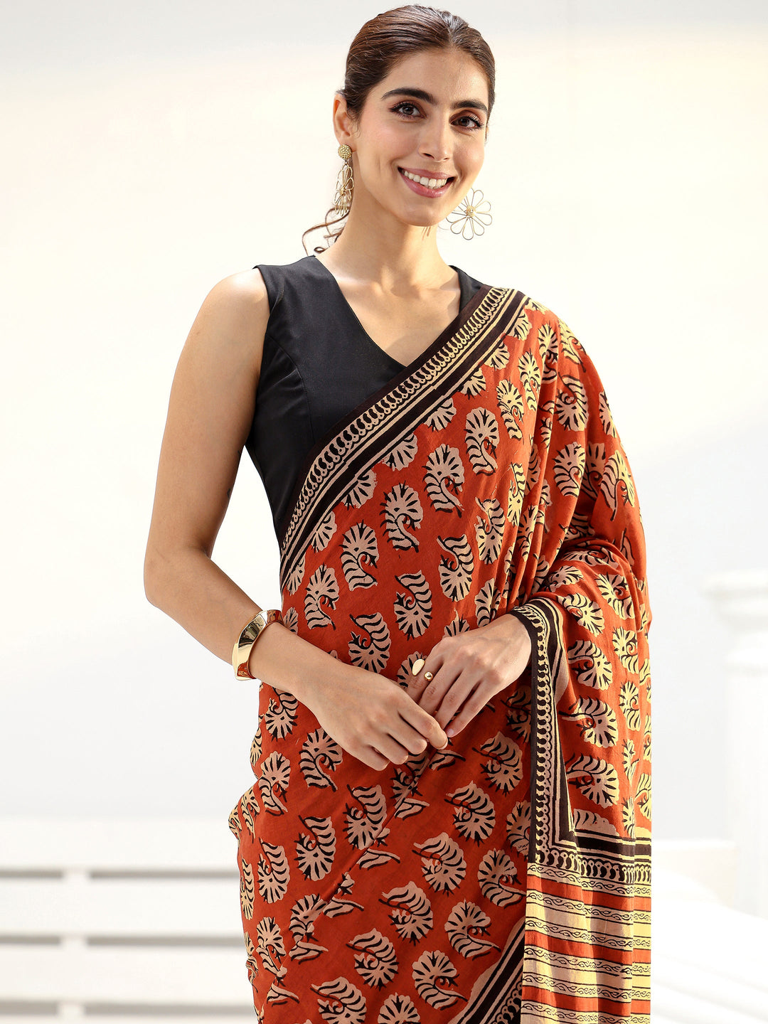 Rust Bagru Printed Cotton Saree