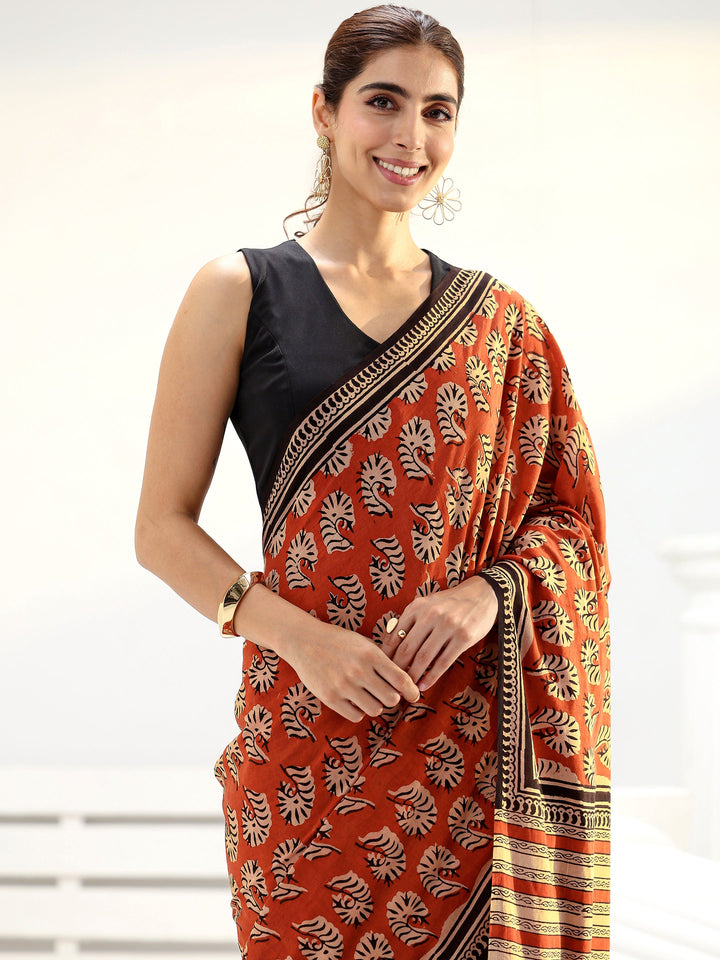 Rust Bagru Printed Cotton Saree