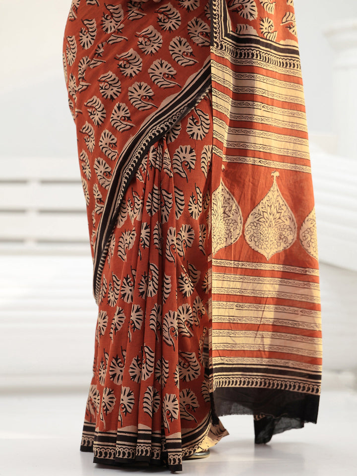 Rust Bagru Printed Cotton Saree