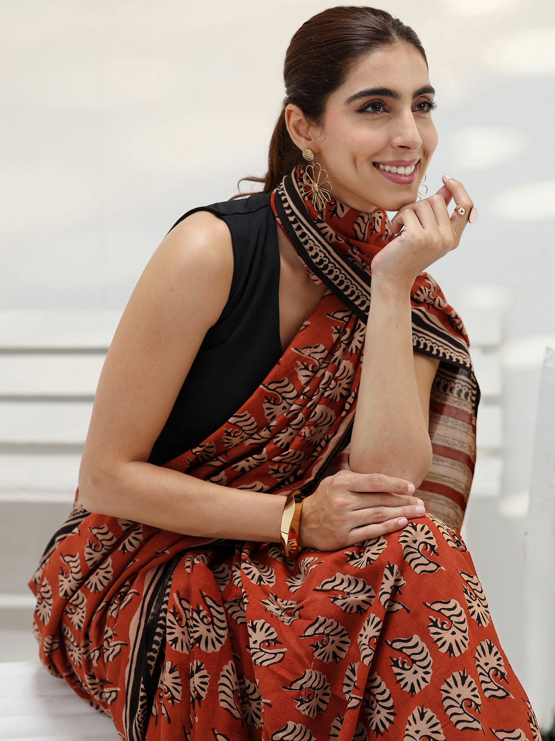 Rust Bagru Printed Cotton Saree