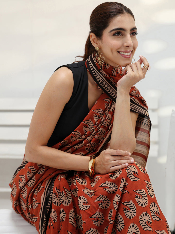 Rust Bagru Printed Cotton Saree