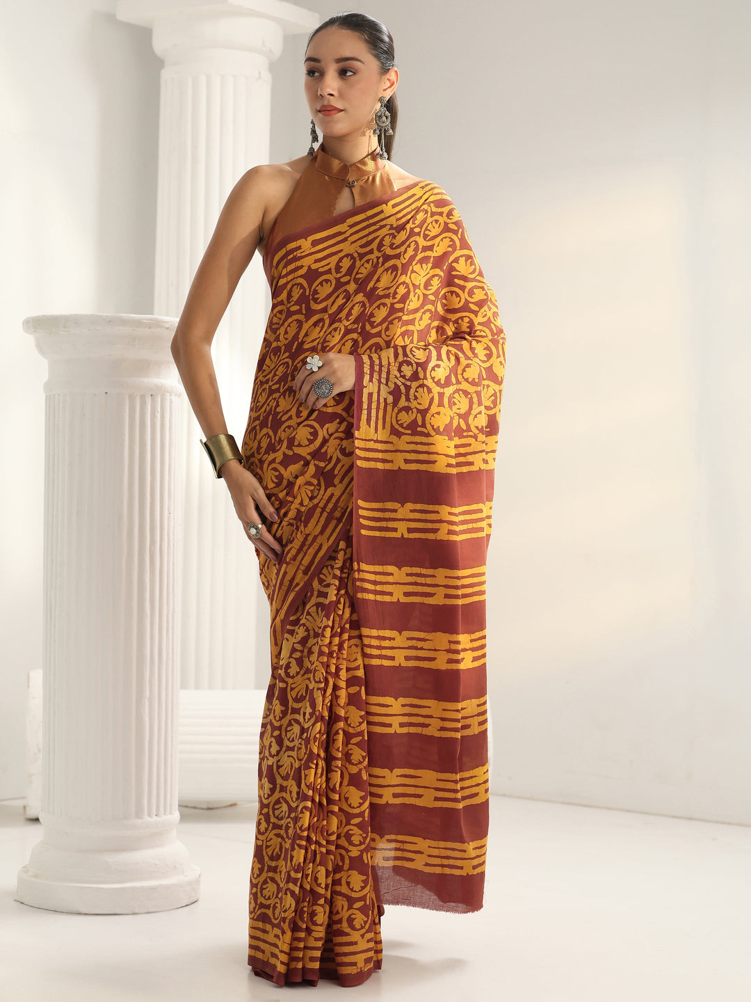 Brown Bagru Print Cotton Saree