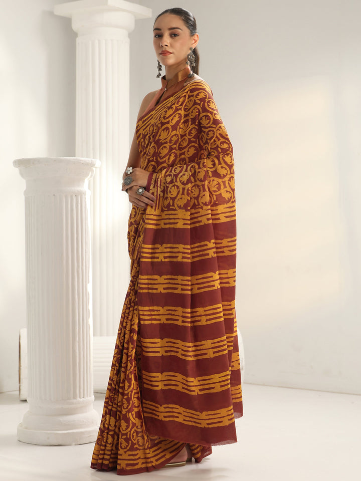 Brown Bagru Print Cotton Saree