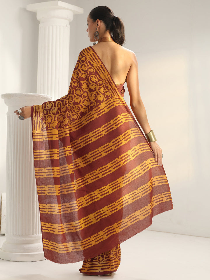 Brown Bagru Print Cotton Saree