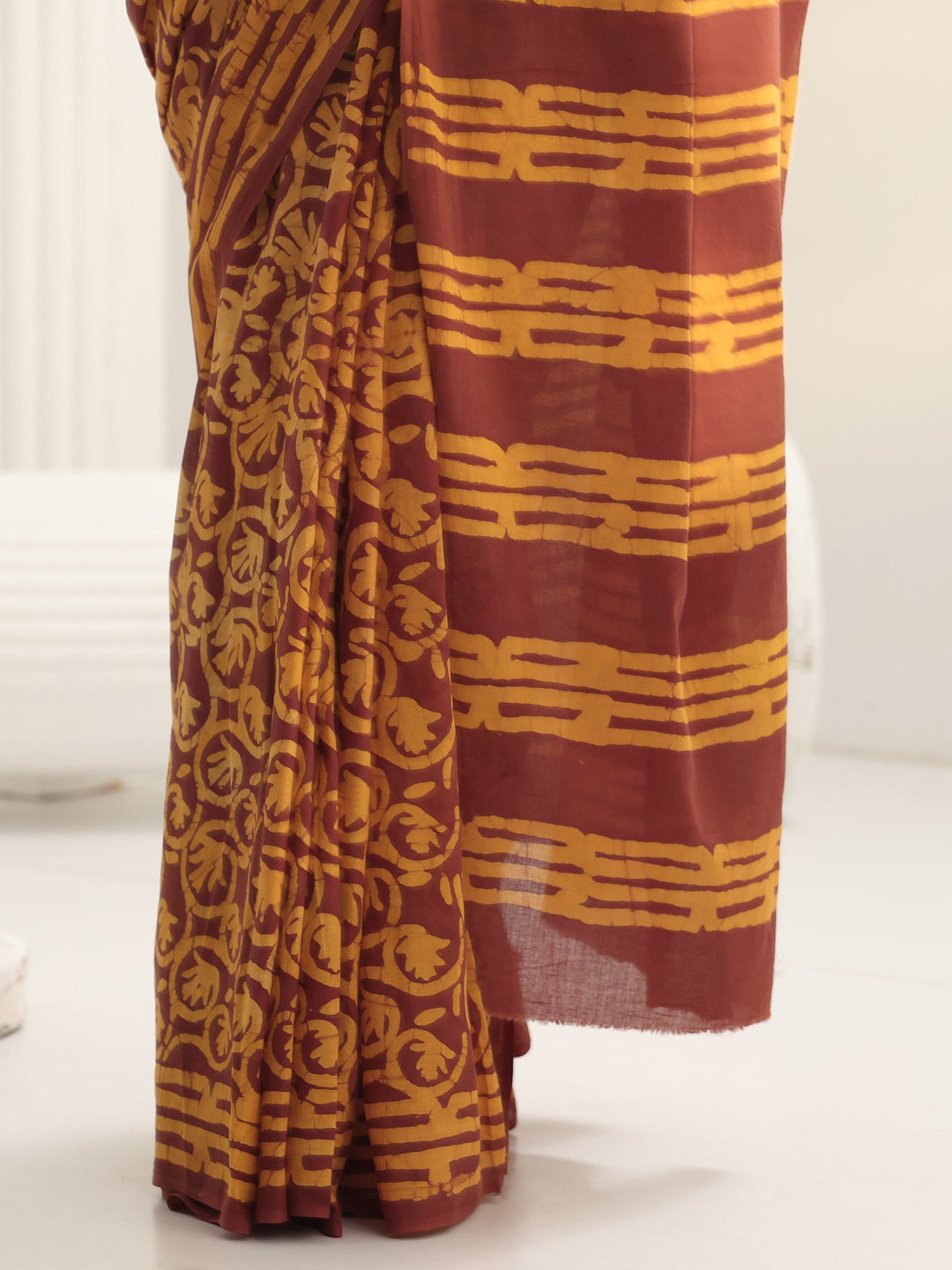 Brown Bagru Print Cotton Saree