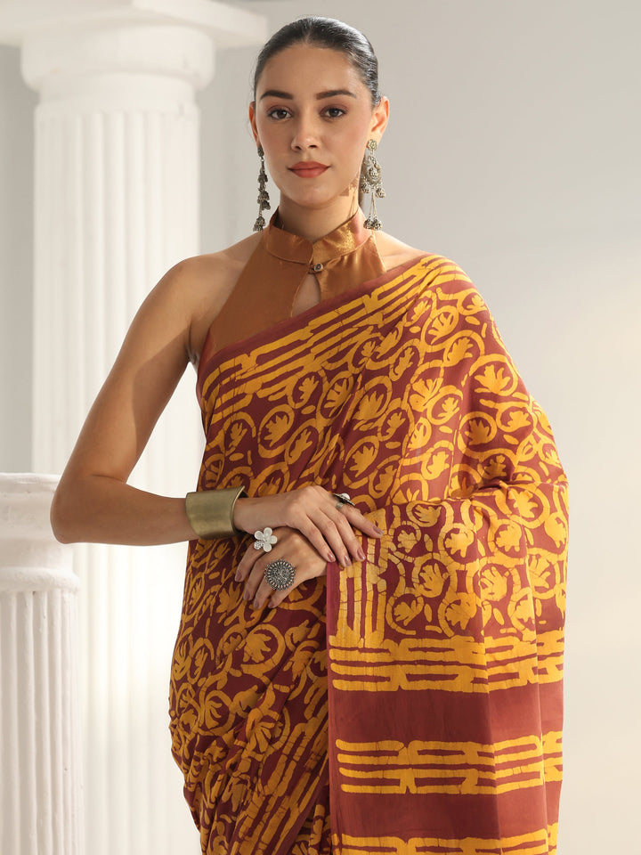 Brown Bagru Print Cotton Saree