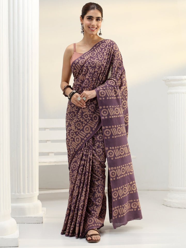 Mauve Batik Print Cotton Saree