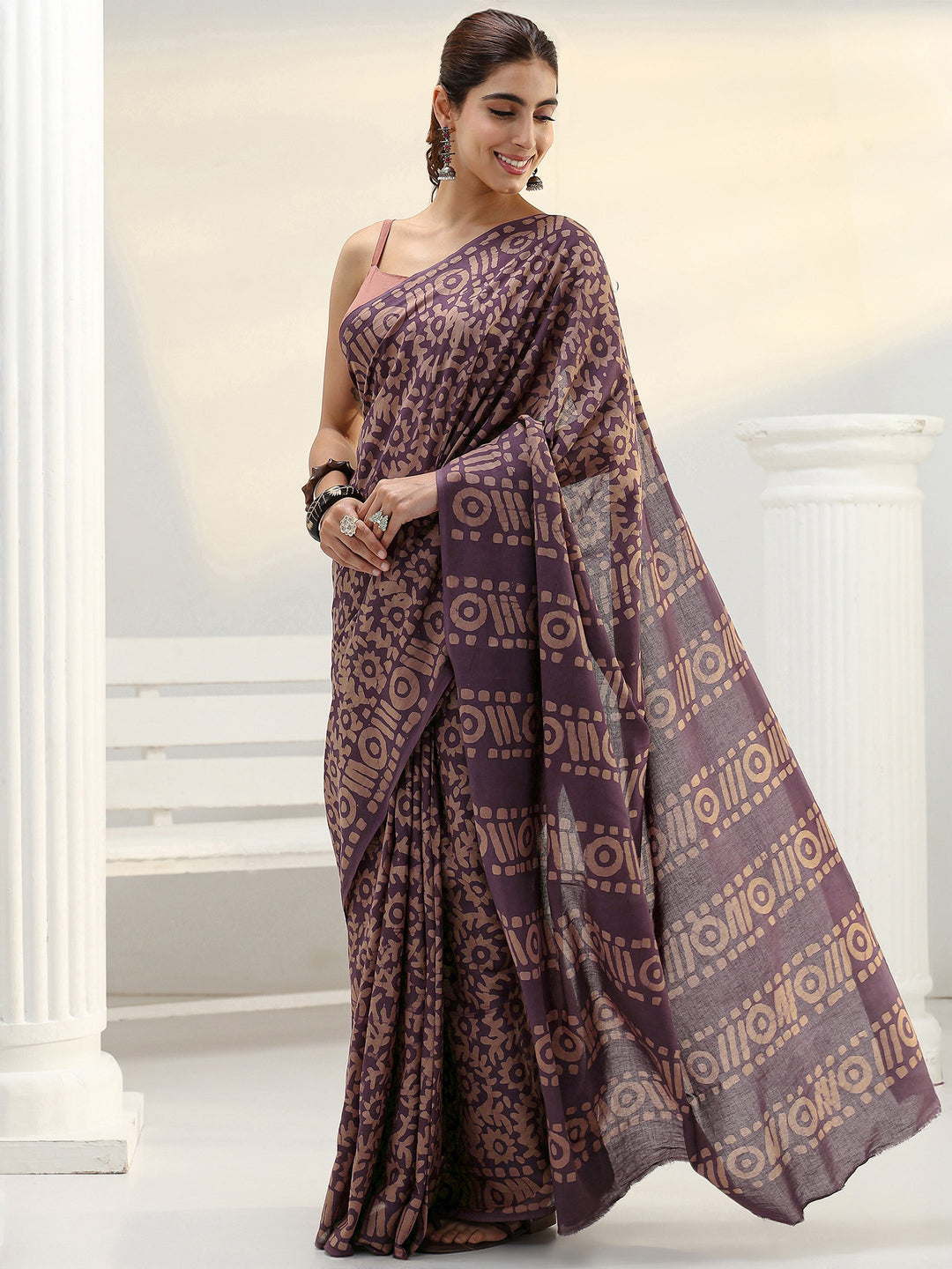 Mauve Batik Print Cotton Saree