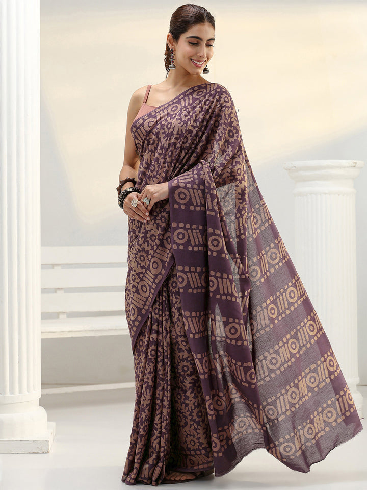 Mauve Batik Print Cotton Saree