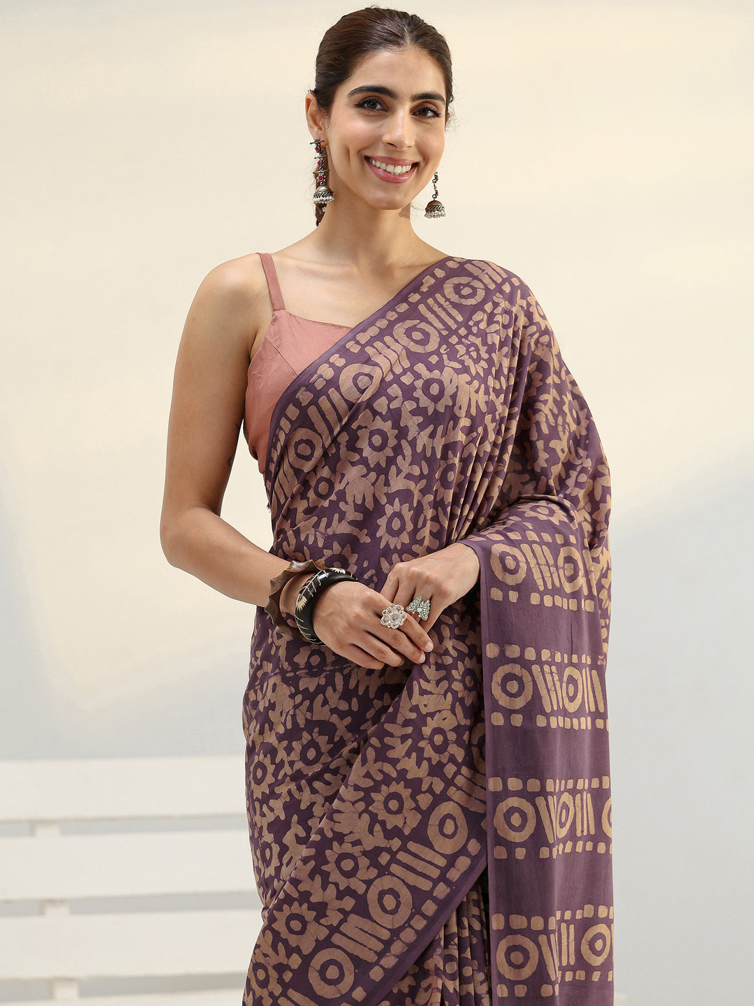 Mauve Batik Print Cotton Saree