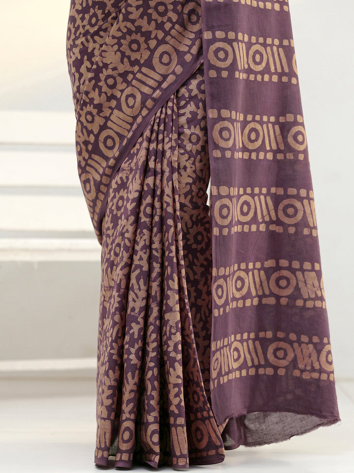 Mauve Batik Print Cotton Saree
