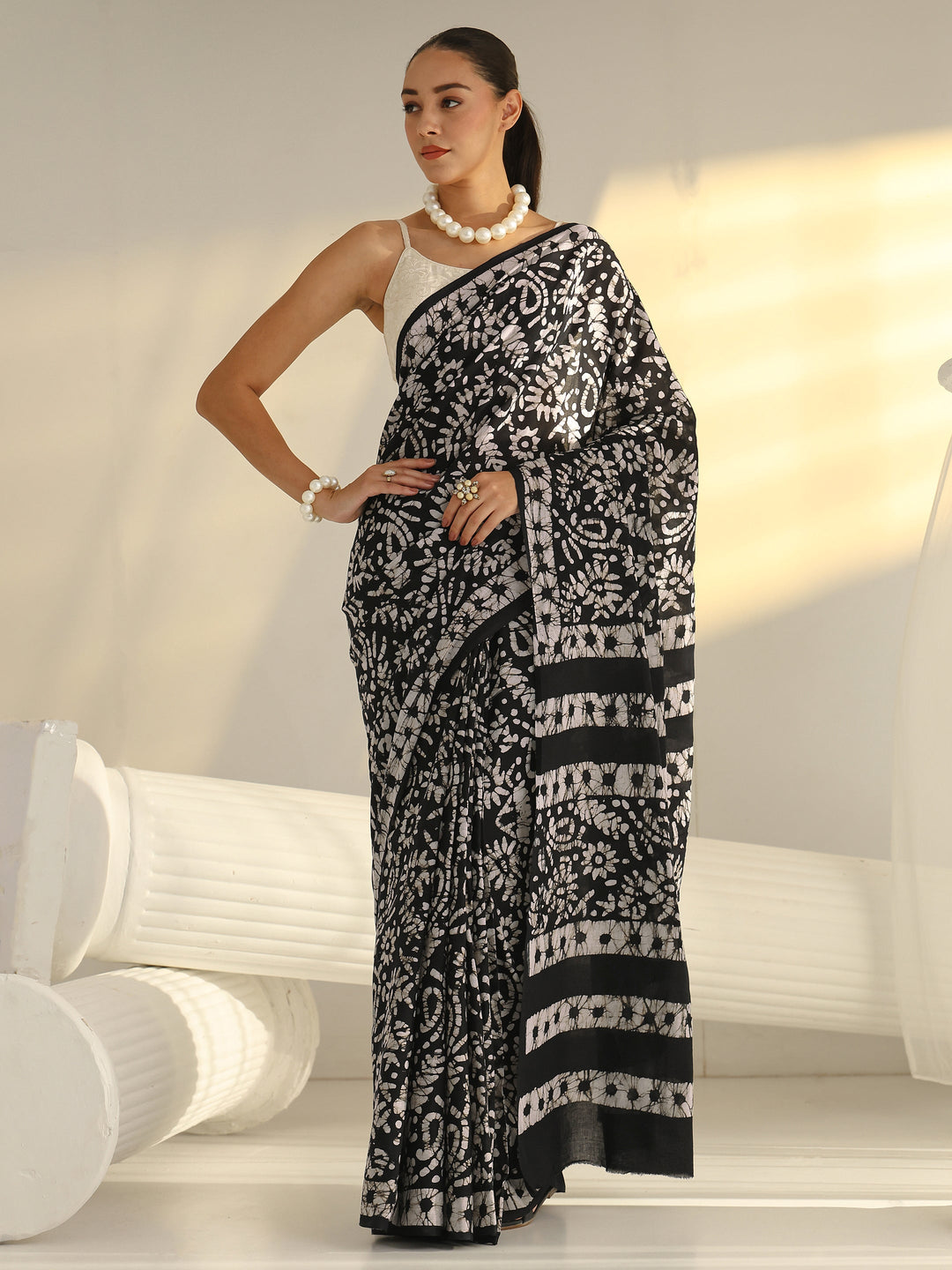 Black Batik Printed Cotton Saree