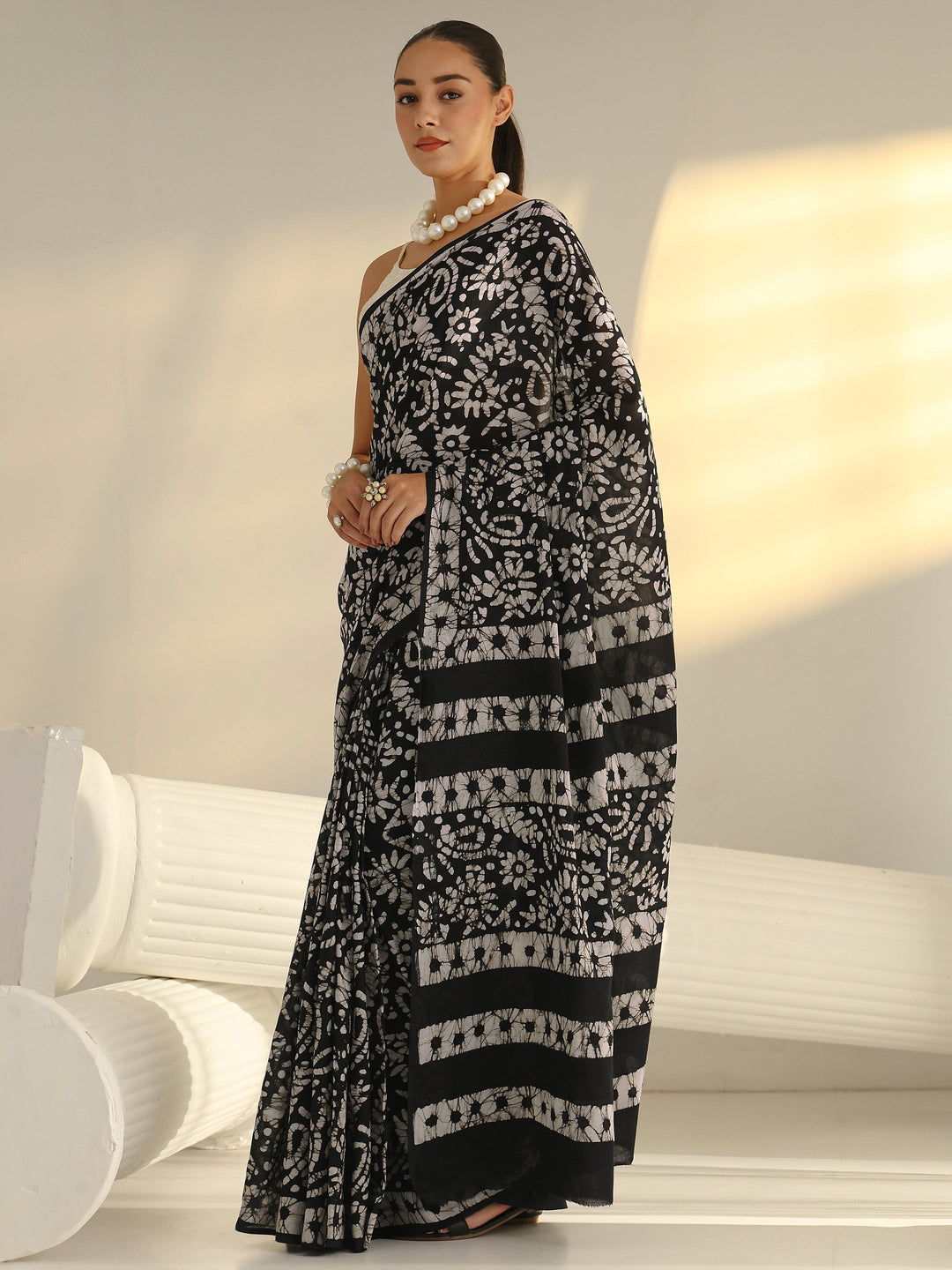 Black Batik Printed Cotton Saree