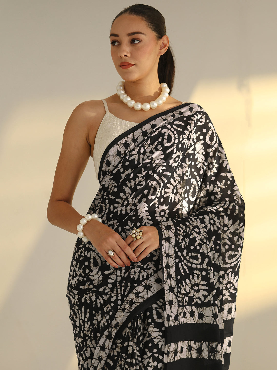 Black Batik Printed Cotton Saree