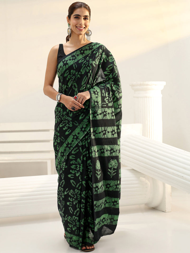 Black Batik Printed Cotton Saree