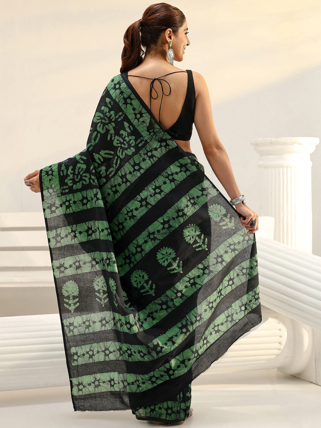 Black Batik Printed Cotton Saree
