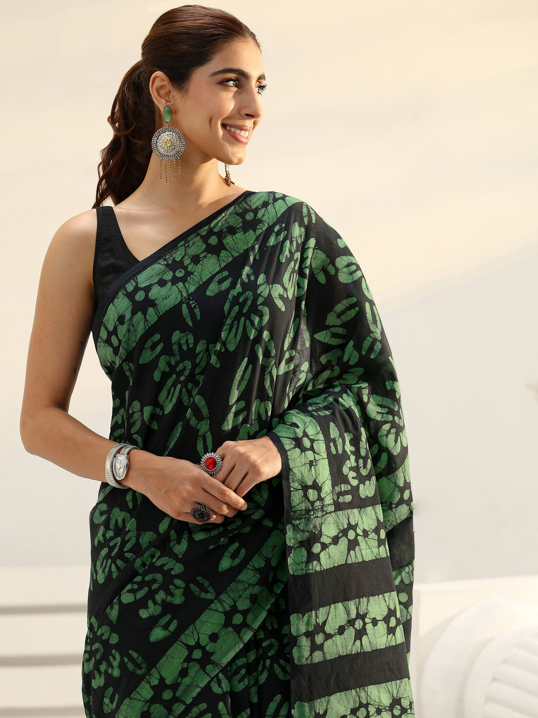 Black Batik Printed Cotton Saree