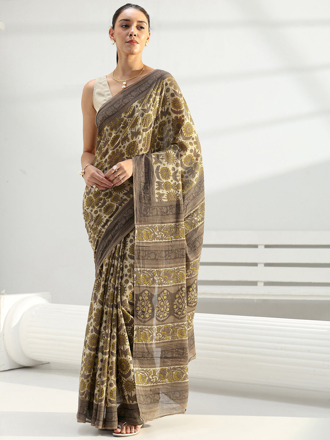 Green Block Printed Cotton Saree